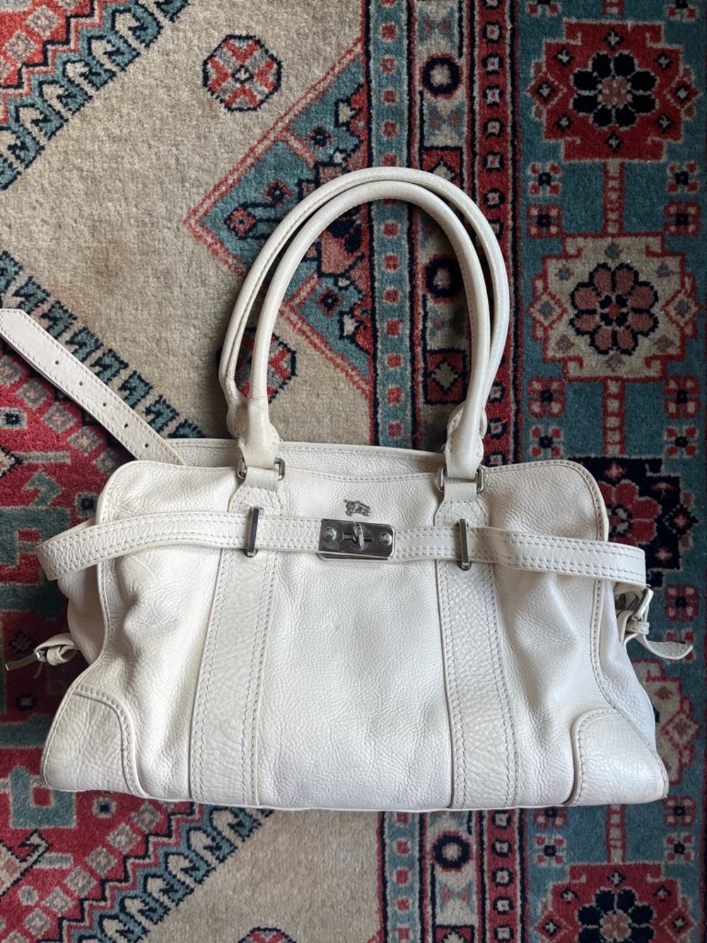 Burberry Vintage Leather tote, white pebble leather w/silver accents, rescued!